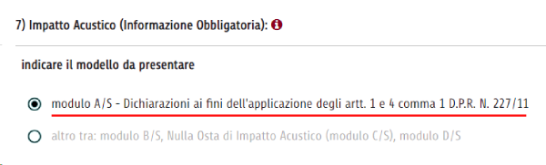 Modulo A/s di Impatto Acustico immagine estratta dalla procedura SCIA online per l'impatto acustico